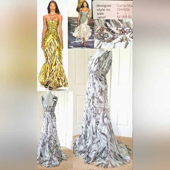 ^$4,000 NEW CARLOS MIELE SILVER SILK CHIFFON CRYSTAL BEADS RUNWAY GOWN US 4 - Picture 3 of 9